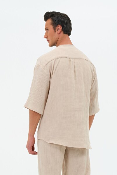 RELAXL 100% βαμβακερή μουσελίνα Oversize Καλοκαιρινό μπεζ πουκάμισο με γιακά με φτωχό μανίκι