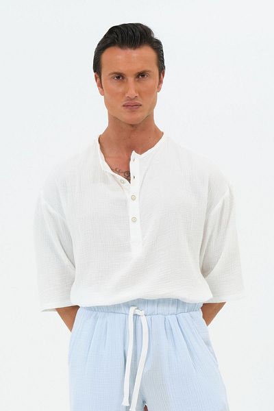 RELAXL 100% Cotton Natural Muslin Oversize Placket Collar Ecru Shirt Fakir Sleeve