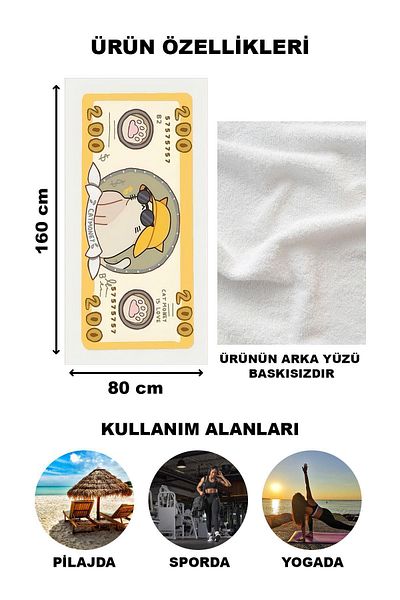 Doruklar Home Collection Dollar Patterned Beach Towel - 80X160 cm Peshtemal with Cat Vta28
