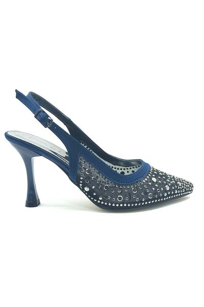 Kocamanlar Ayakkabı Feles Open Back Transparent Stone Detailed Cinderella Women's Heeled Shoes Dark Blue