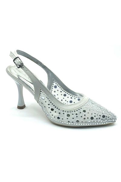 KOCAMANLAR Feles Open Back Transparent Stone Detailed Cinderella Women's Heeled Shoes Silver
