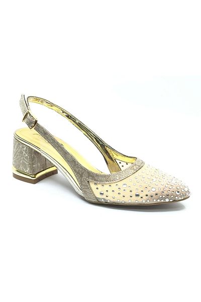Kocamanlar Ayakkabı Feles Open Back Transparent Stone Detailed Cinderella Women's Short Heeled Shoes Gold