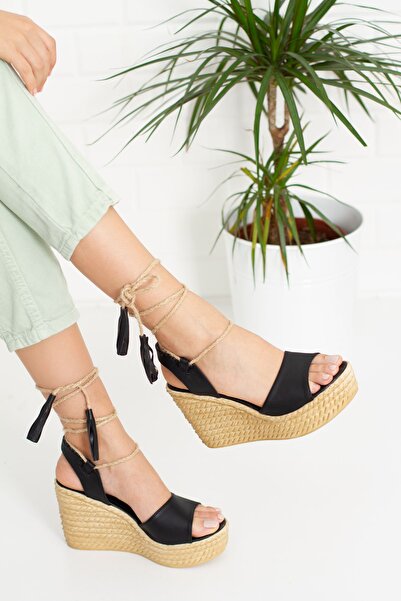 derithy Toc pană Comfort Poly Talp Curea simplă Glezna Sandală moale Pantofi de vară-negri