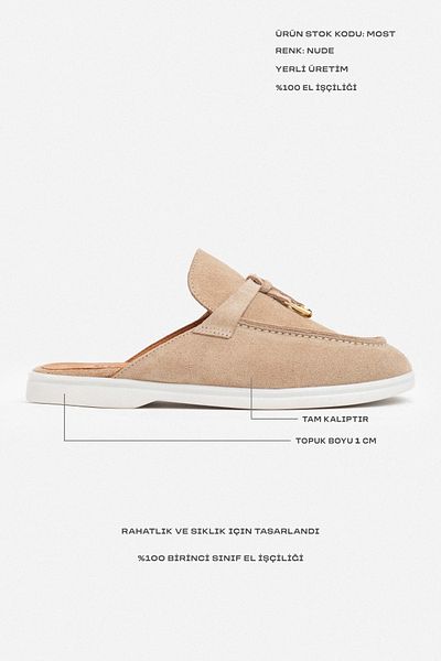 NİŞANTAŞI SHOES Cele mai nudă piele de căprioară din piele naturală papuci de damă cu talpă plată cu ciucuri