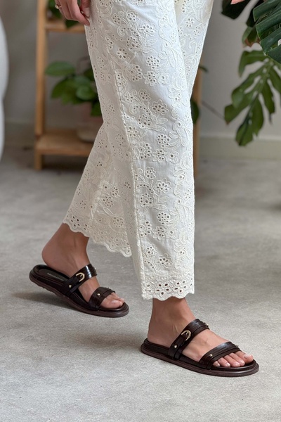 NİŞANTAŞI SHOES Zizi Brown Matte Buckle Detailed Double Tape Flat Sole Women's Slippers