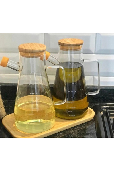 EA HOME Sofia 950 ml Borosilicate Glass Bamboo Oil Pot Set - Pack of 2