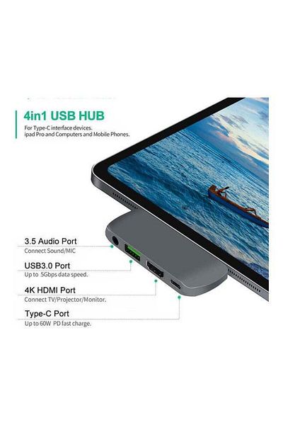 fulina 4-in-1 USB hub adapter, portable transfer, USB-C interface, compatible with multiple devices, gray