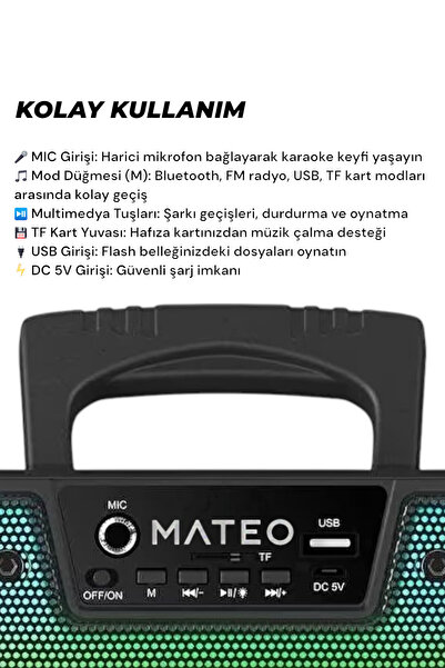 MATEO Bluetooth Hoparlör Parti Hoparlörü Karaoke Mikrofon Kumanda Işıklı Ses Bombası Radyo Usb Sd Girişli