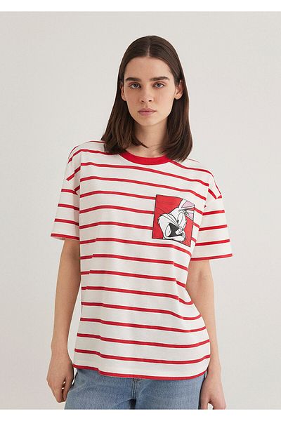 Mavi Bugs Bunny Printed Striped Red T-Shirt Loose Fit / Loose Relaxed Cut 1613266 -85422