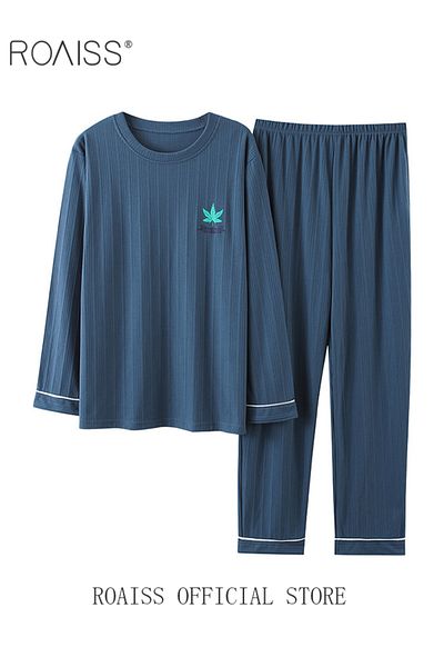 ROAISS Warm Pajamas Set for Men Simple Long Sleepwear Suit Soft Home Men Pyjamas Set Autumn Winter Loose Sk