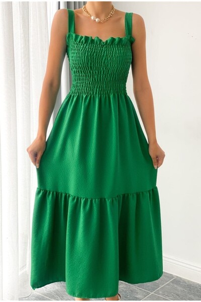 KaSheHa Yeşil Kalın Askılı Eteği Fırfırlı Üstü Gipeli Yazlık Elbise 125 Cm
