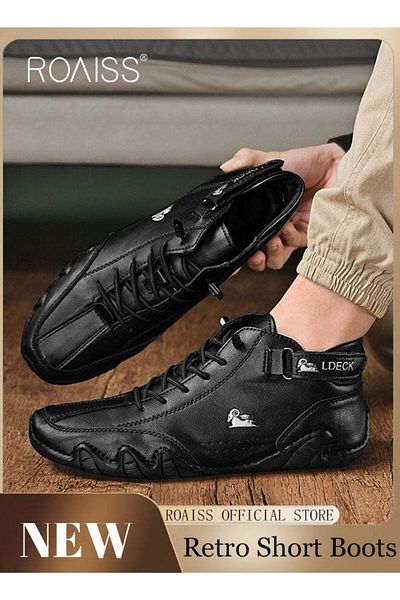 ROAISS Men’s Soft Leather Ankle Casual Loafers Lace-Up Anti Slip Walking Shoes