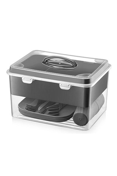 Carpekitchen طقم نزهة 33 قطعة لـ 6 أشخاص، كوب، شوكة، ملعقة، طبق، رمادي فحمي، خالي من مادة BPA