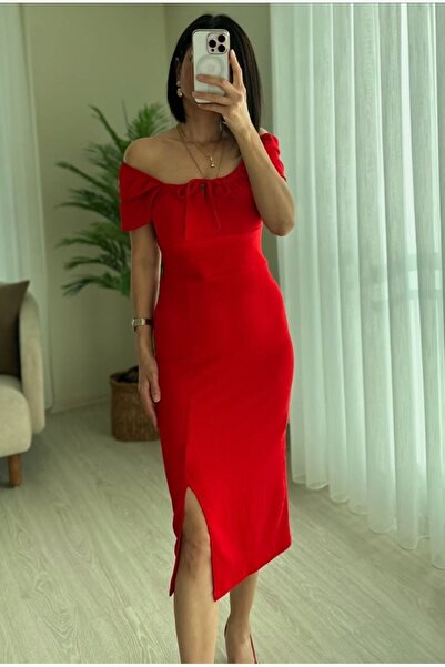 La Lune Boutique Red Collar Lace-Up Heart Collar Slit Wrap Fabric Midi Dress