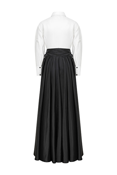 MERT ERKAN Üzeri El İşlemesi Serpme Düğme Detaylı Siyah&Beyaz Maxi Gömlek Elbise