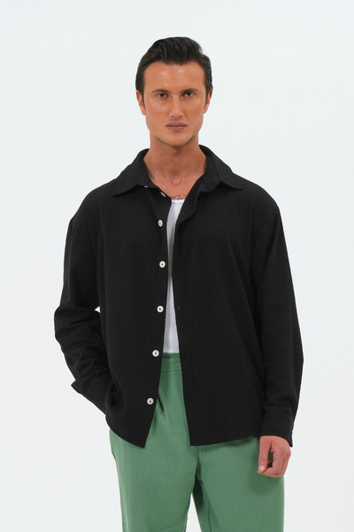 RELAXL 100% Cotton 4 Seasons Retro Collar Oversize Long Sleeve Black Shirt