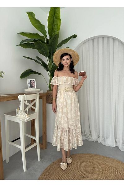Store Women's Belted Embroidery Embroidered Madonna Collar Midi Dress