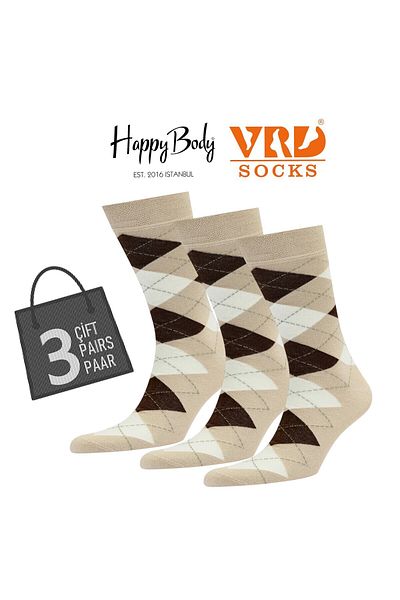 Happy Body Bamboo Men's 3-Piece Special Scarce Socket Patterned Washed Fabric Non-Smearing Rubber Seamless Toe End