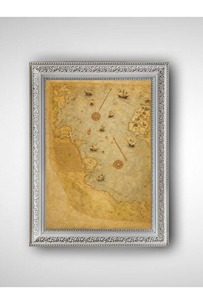 WoodyArts Harta lumii Piri Reis - Cadru alb vintage