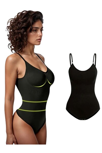 MİSTİRİK Mamey Model Spor Korse Body Çıtçıtlı Push Up Etkili Korseli Body Zıbın Korse Siyah Renk