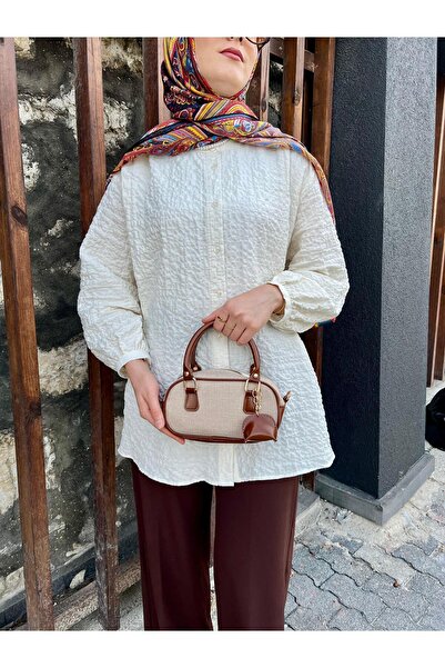 EBROU Bonnie Model Kanvas El Ve Omuz Çantası Taba Charm Hediyeli