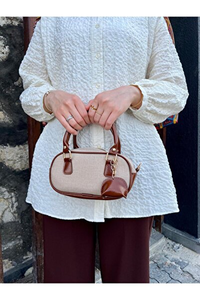 EBROU Bonnie Model Kanvas El Ve Omuz Çantası Taba Charm Hediyeli