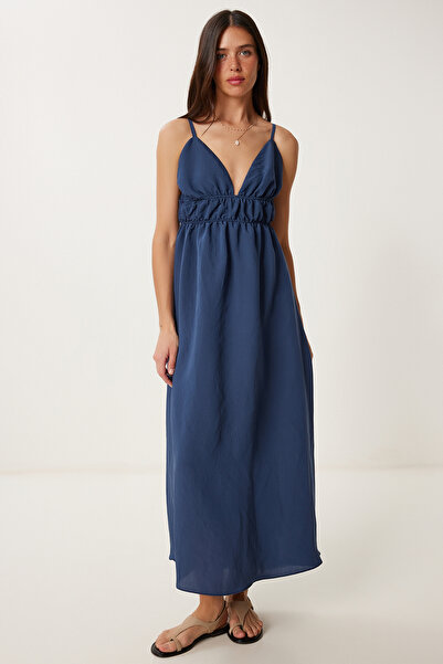 Lovelyİstanbul Sırt Dekolteli Yazlık Poplin Elbise LACİVERT LDP0043