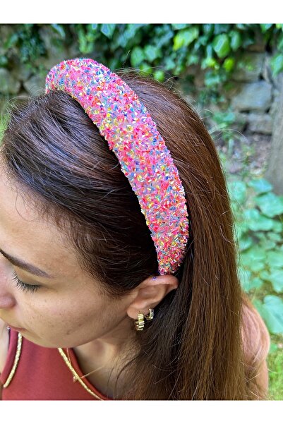 ByMerve Kadın Abiye Günlük Renkli Pembe Şeker Parlak Kristal Taç Saç Aksesuarı