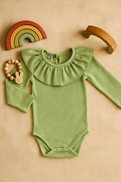 Mini Kids Baby بدلة أطفال بناتي ذات ياقة مكشكشة باللون الأخضر مع أزرار كبس