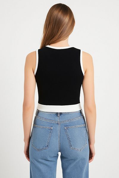 Olyssia Women's Black New Season Color Blocked Halter Neck Tank Crop / Body Fitted Stretchy Body -Full Fit