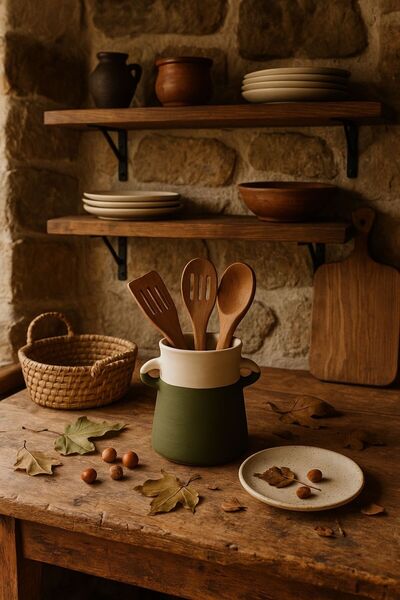 Mogolune El Yapımı Dekoratif Seramik Vazo Ve Kaşıklık Yeşil Ve Krem Renk