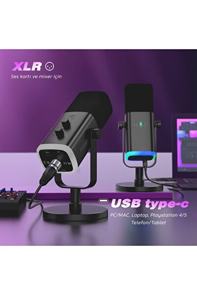 Fifine Am8 Bilgisayar Oyuncu XLR USB RGB Dinamik Yayıncı Mikrofonu