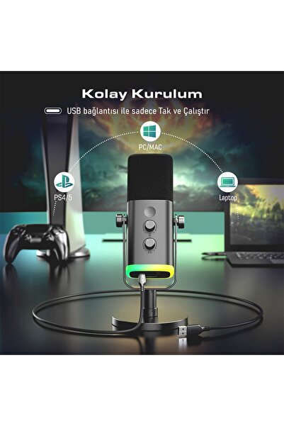 Fifine Am8 Bilgisayar Oyuncu XLR USB RGB Dinamik Yayıncı Mikrofonu