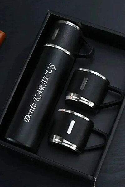 Genel Markalar Kişiye Özel Paslanmaz Çelik Termos 3 Bardaklı Termos Seti Çanta Hediyeli