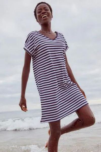 trendalisse Women's Black Striped V Neck Wide Fit Casual Summer Dress
