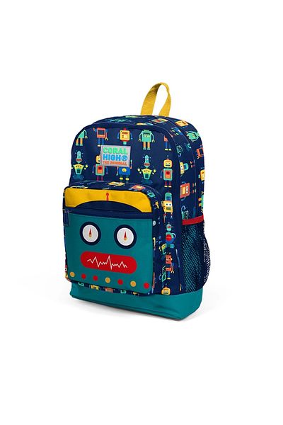 Coral High Navy Blue Robot Patterned Four Compartment Boy's School Backpack