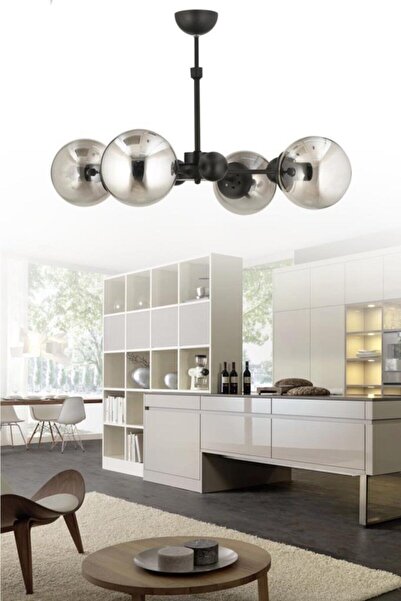 İstanbul Avize Nairobi 4'lü Siyah Kasalı Füme Glop Camlı Avize