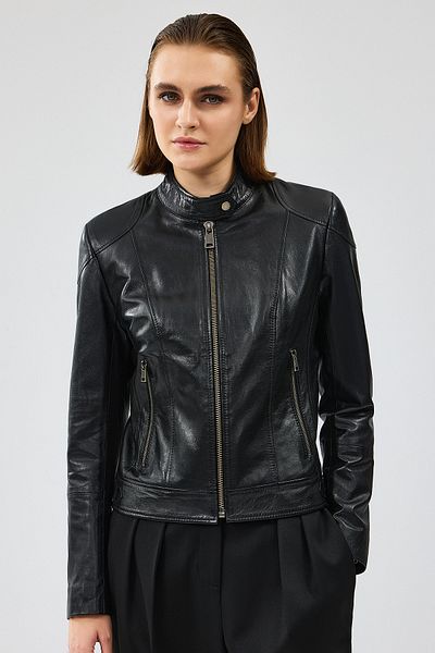Derimod Prima Women's Black Short Leather Jacket 24Wgm 524551