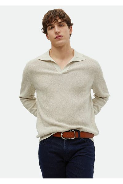 Ramsey Tricotaj jacquard cu guler polo în amestec de in bej