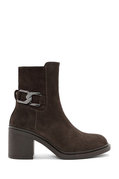 Derimod Women's Brown Heeled Zippered Suede Leather Boots 24Wfd 211010