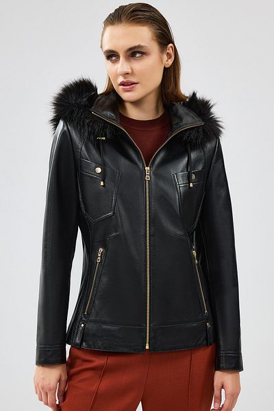 Derimod Meggy Women's Black Leather Jacket - Hooded and Furry, Regular Fit 24Wge52101M