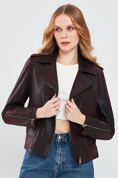 Derimod Amor Women's Burgundy Biker Leather Jacket - 23wgd51184v