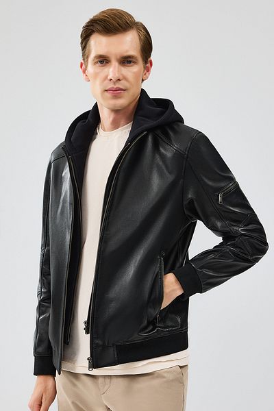Derimod Niko Men's Black Hooded Leather Jacket 24Wge65341M