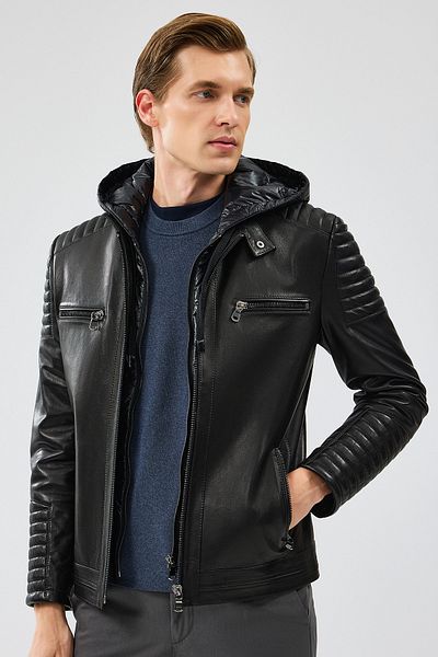 Derimod Lyon Men's Black Hooded Leather Jacket 24Wgf6530Ve