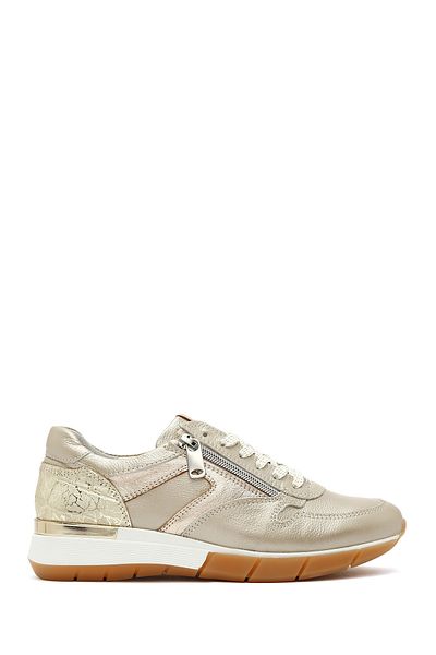 Derimod Women's Gold Lace-Up Side Zipper Leather Sneaker 25Sfd 370514