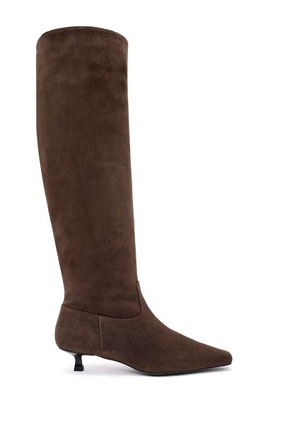 Derimod Women's Brown Thin Short Heel Suede Leather Boots 24Wfd 142410