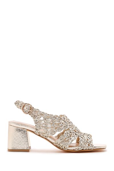 Derimod Women's Gold Braided Metallic Thick Short Heeled Evening Dress Shoes Sandals 25Sfd440632
