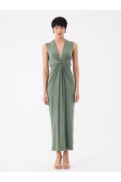 RİVUS Twisted Front Detailed and Belted Dress - Khaki