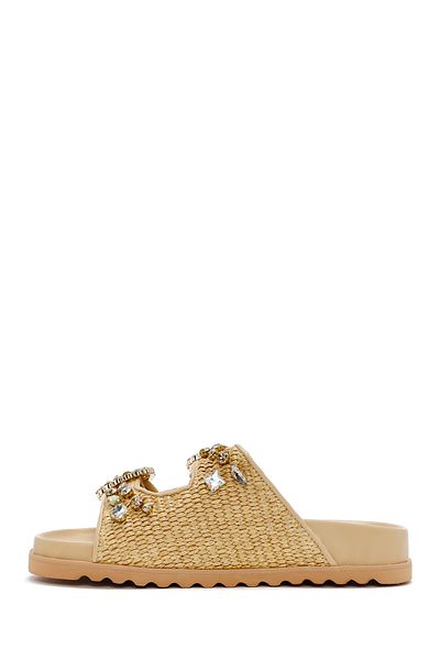 Derimod Women's Beige Straw Stone Slippers 25Sfd4403M7