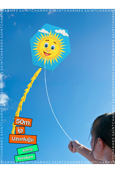 Saint Charmes Gülen Güneş Desenli Uçurtma 50 Metre Ipli Kolay Kurulumlu Çocuk Oyuncağı